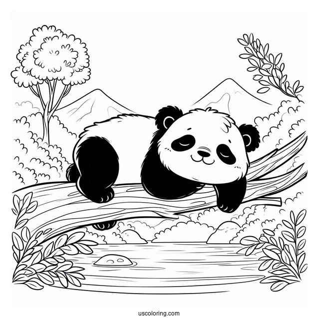 Peaceful Panda Coloring Page Sleeping on a Tree Branch Overlooking a Lake