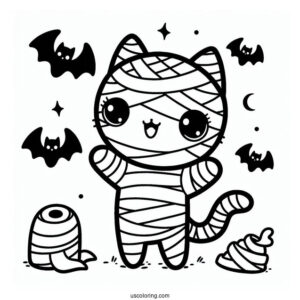 Kawaii Cat Mummy Coloring Page With Bats For Preschoolers