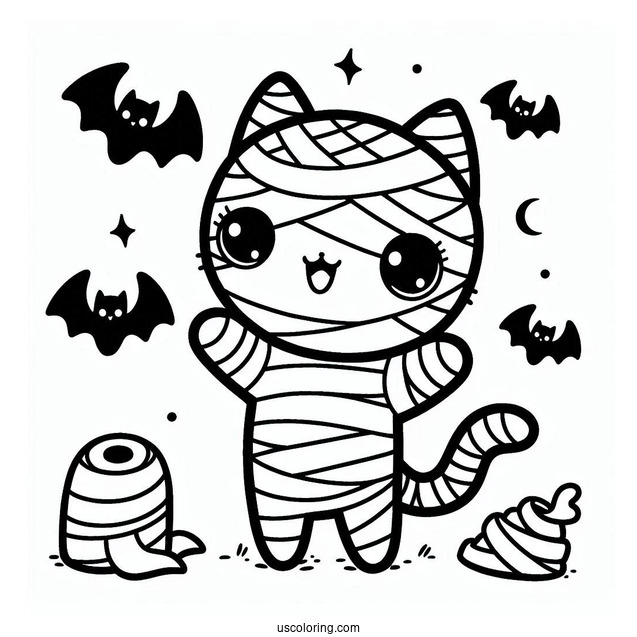 Kawaii Cat Mummy Coloring Page With Bats For Preschoolers