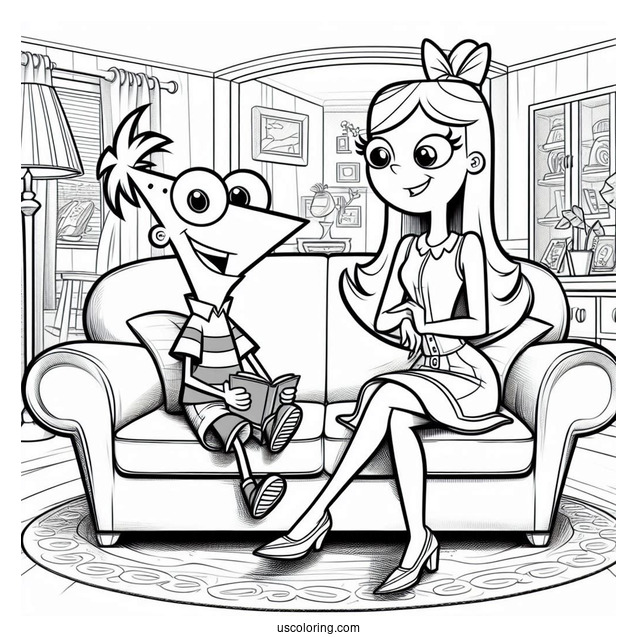 Phineas And Ferb Coloring Page And Candace Sitting In The Living Room
