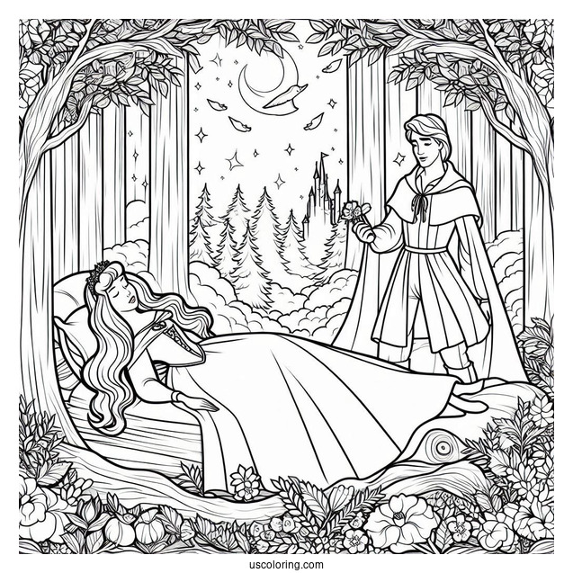 Sleeping Beauty Coloring Page Of Prince Philip Courting Aurora In The Forest