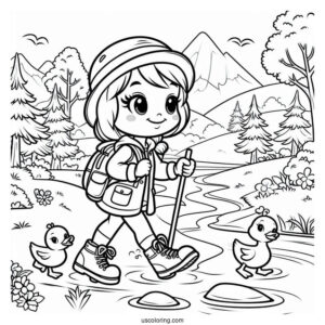 Simple Hiker Duck Next To the River Coloring Page For Preschoolers
