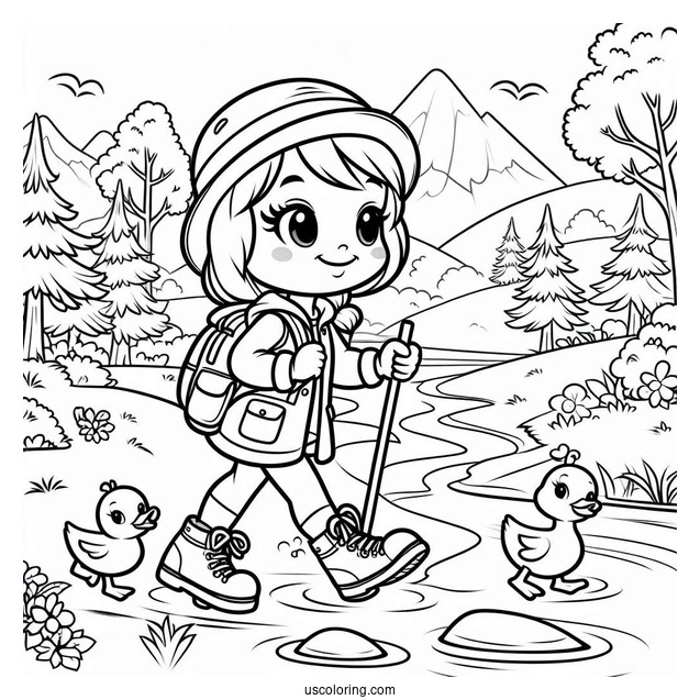 Simple Hiker Duck Next To the River Coloring Page For Preschoolers