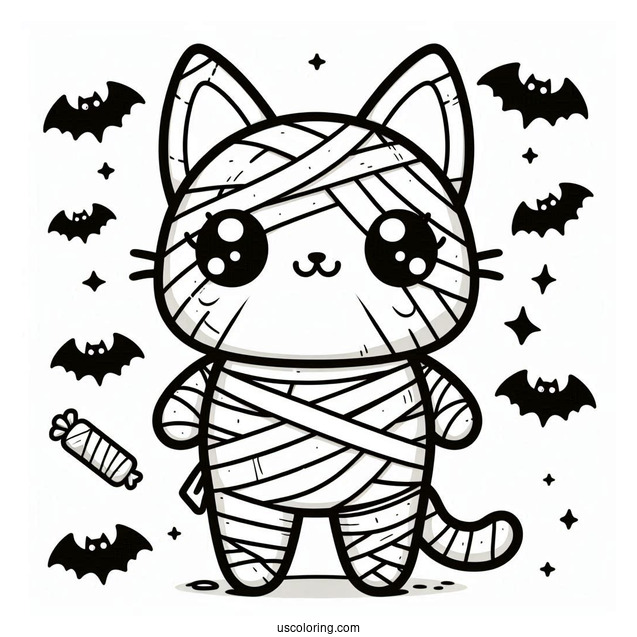 Kawaii Cat Mummy Coloring Page With Bats For Preschoolers