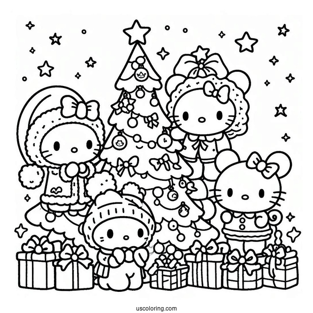 Sanrio Coloring Pages Of Friends Decorating Christmas Tree