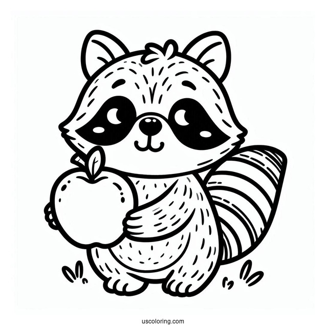 Easy Raccoon Coloring Page Holding Apple For Preschoolers