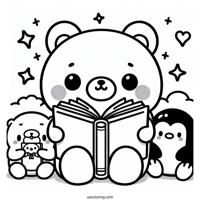 Sumikko Gurashi Coloring Page Of Tonkatsu, Penguin, Niko, And Polari Reading With Minnikos