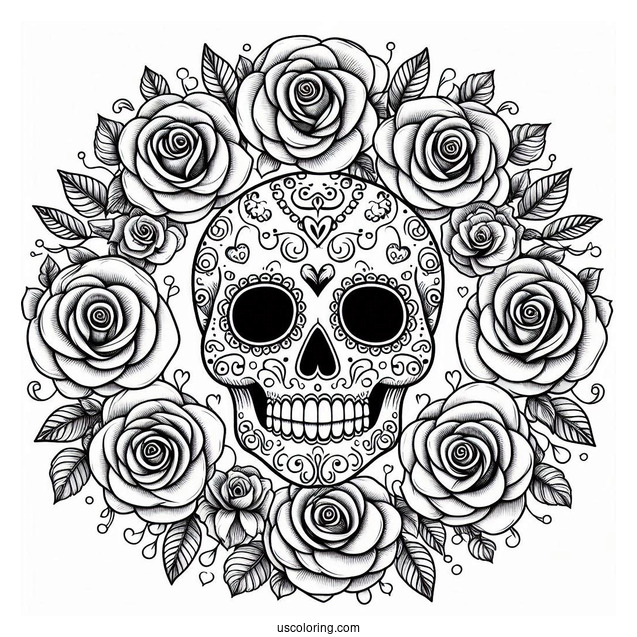 Sugar Skulls Coloring Page Inside A Rose Wreath