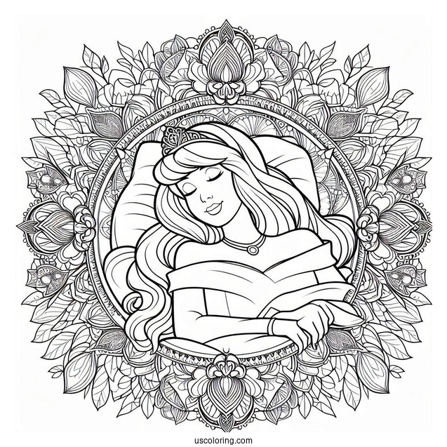 Sleeping Beauty Coloring Page Of Princess Aurora At The Center Of A Flower Mandala