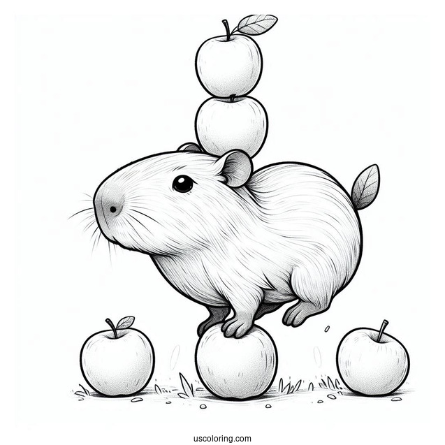 Baby Capybara Coloring Page Balancing Three Apples On Its Head For Kids