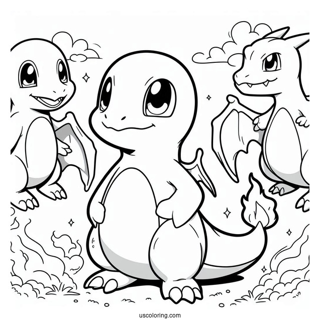 Charmander, Charmeleon, And Charizard Evolution Coloring In