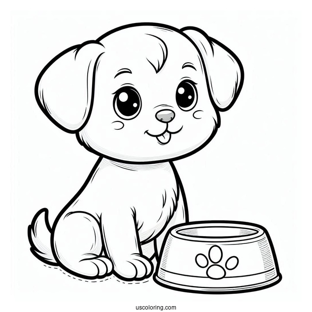 Cute Cartoon Puppy In Front Of Food Bowl