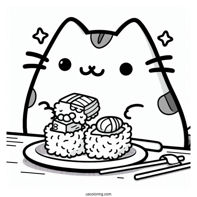 Kawaii Pusheen Eating Sushi Coloring Page