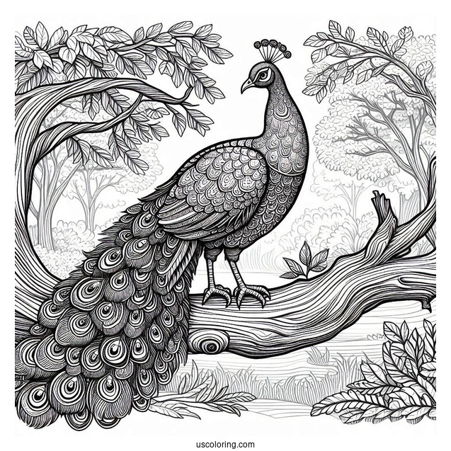 Realistic Peacock Coloring Page on Tree Branch in Forest For Adults