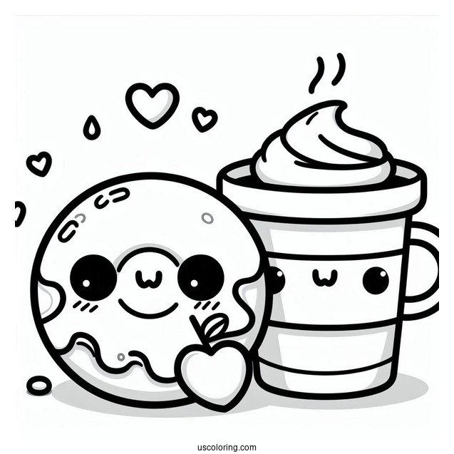 Cute Kawaii Donut And Coffee Coloring Page