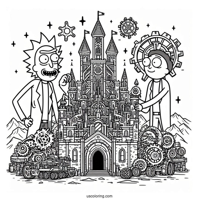 Jerry and Gearhead Building a Castle Rick and Morty Coloring Page