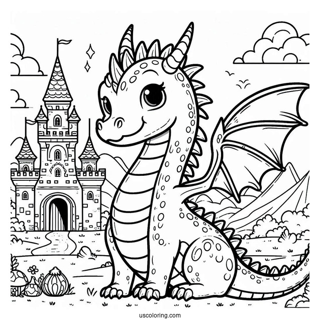 Coloring Sheet Of Dragon Next To Castle For Preschoolers