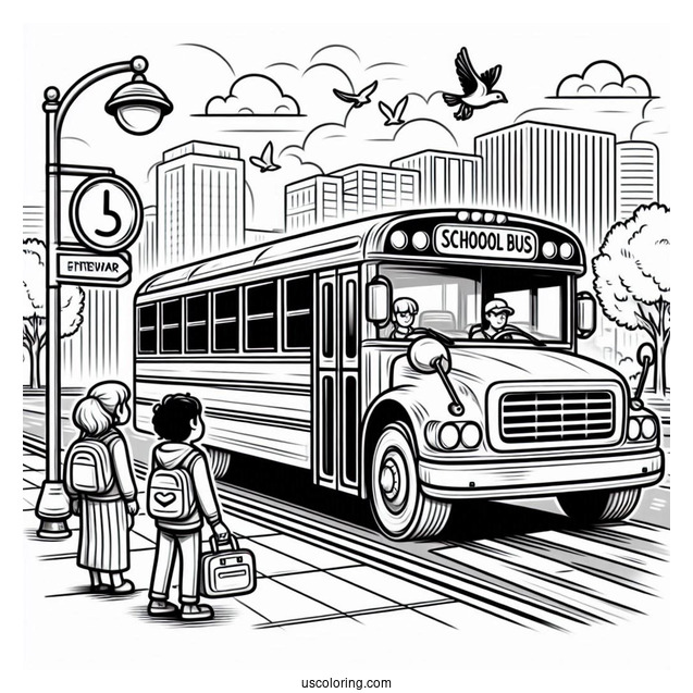 School Bus Picking Up Students At Bus Stop