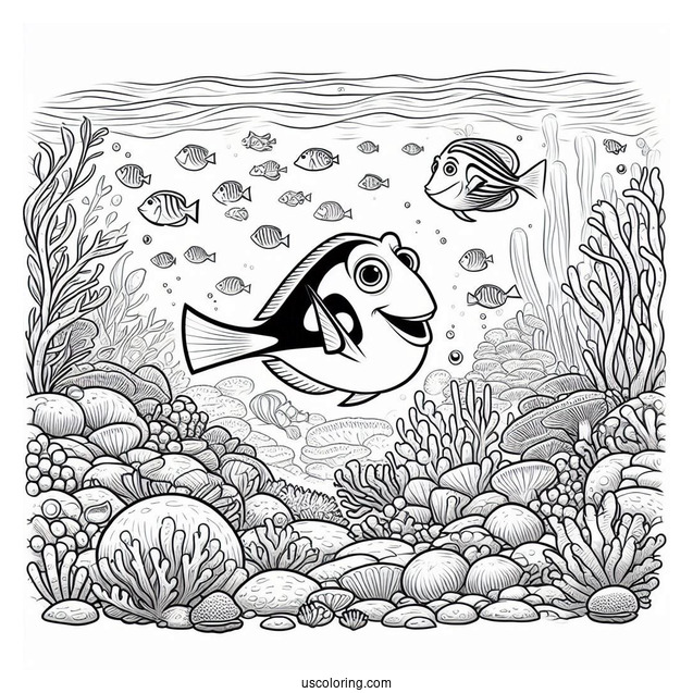 Pixar Coloring Page of Dory And Marlin In Coral Reef