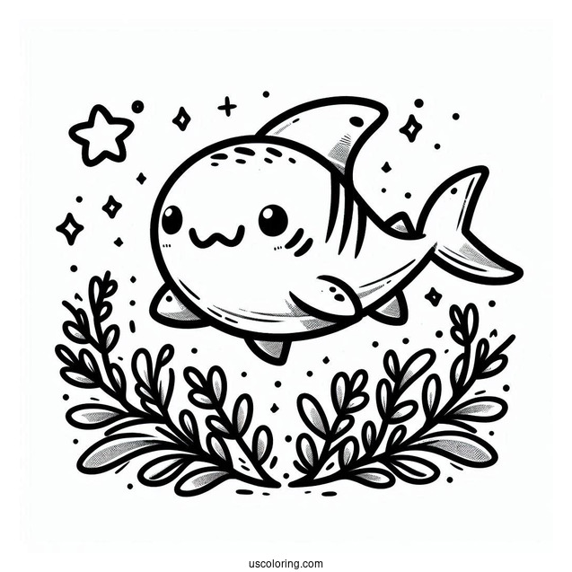 Chibi Shark Coloring Page With Seaweed