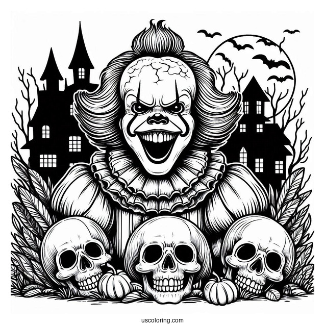 Laughing Pennywise With Skulls In Front Of A Haunted House