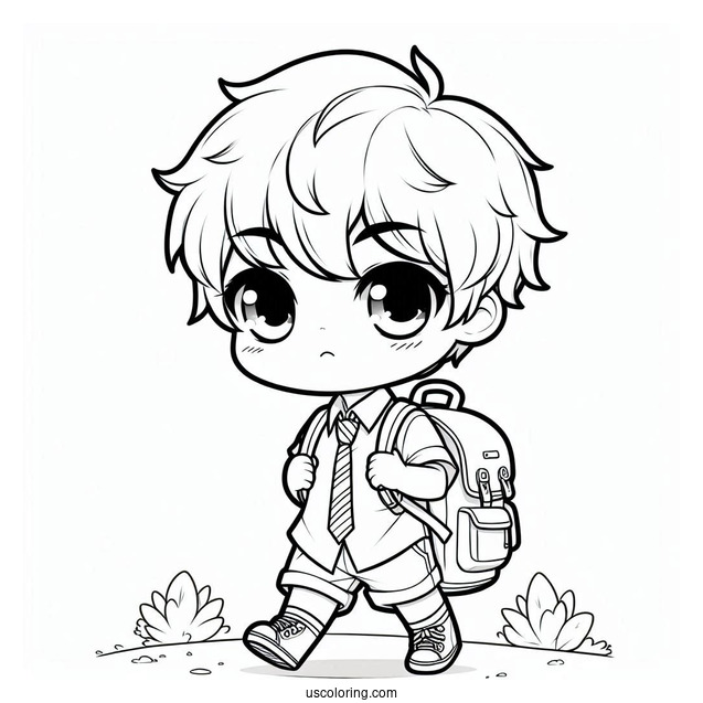 Chibi Coloring Page Schoolboy with Backpack Walking Outdoors