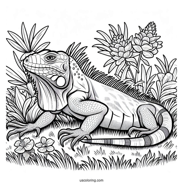 Lizard Coloring Page of Green Iguana On Grass