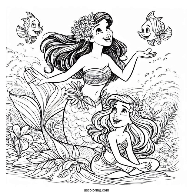 Moana And Ariel At Sea Coloring In