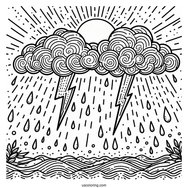 Rain Coloring Page Of Rainclouds With Lightning