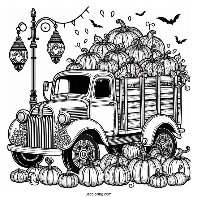 Vintage Truck Full Of Pumpkins Coloring Page