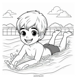 Smiling Boy Swimming Coloring Page In The Pool