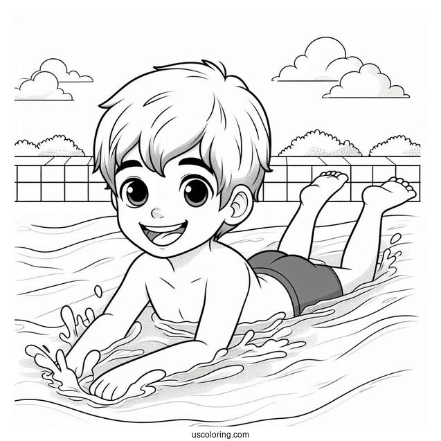 Smiling Boy Swimming Coloring Page In The Pool