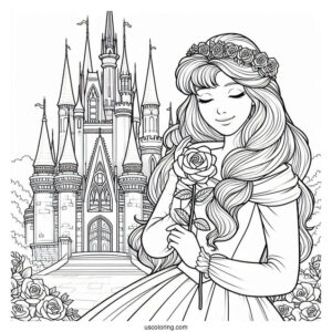 Princess Coloring Page Of Aurora Holding Rose Outside Castle