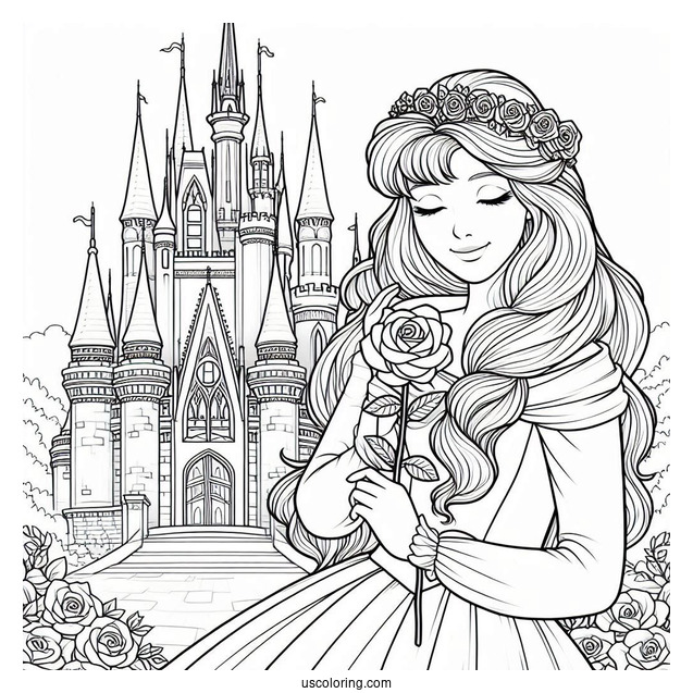 Princess Coloring Page Of Aurora Holding Rose Outside Castle