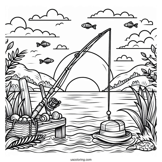 Fishing Coloring Page Of Gone Fishing With Rod And Bobber