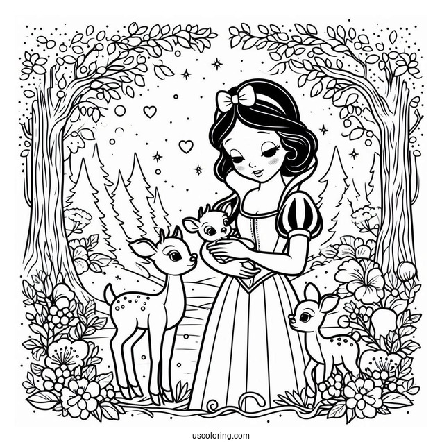 Snow White In Forest With Baby Deer To Color