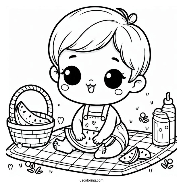 Pretty Baby Coloring Page Sitting On A Picnic Mat With A Watermelon For Kids