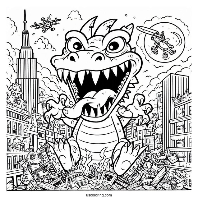 Rugrats Coloring Page Of Scary Reptar Destroying City
