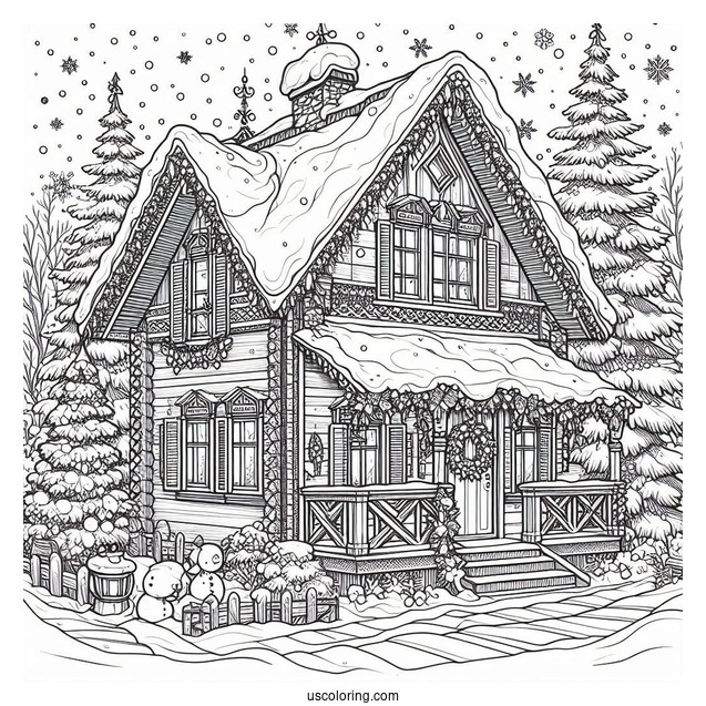 Christmas Coloring Pages For Adults Of House Covered In Snow On Christmas Day