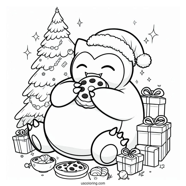 Pokemon Christmas Coloring Page Happy Snorlax Eating Christmas Cookies