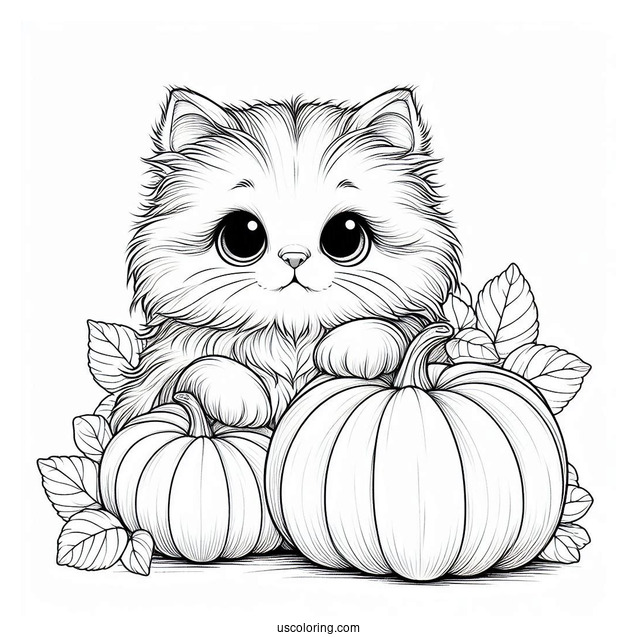 Furry Cat Sitting Next To Pumpkins Coloring Page