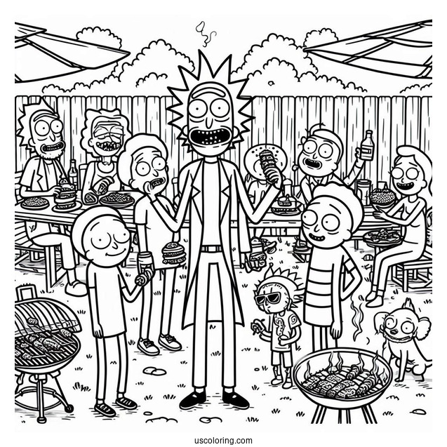 Rick and Morty Coloring Page Of Backyard Barbecue Party With Characters