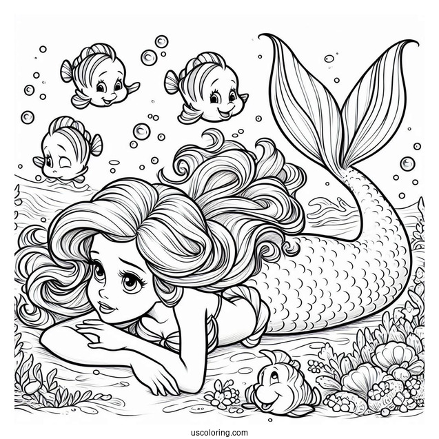 Mermaid Ariel Diving Into Sea With Flounders