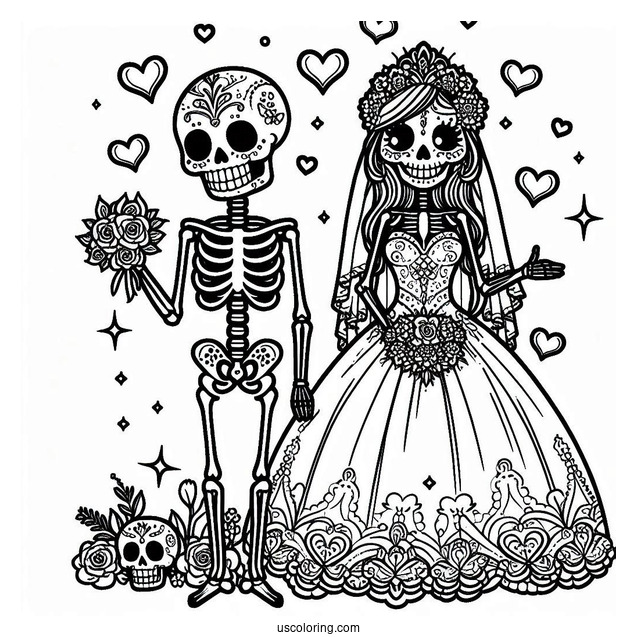 Skeleton Coloring Page Bride And Groom