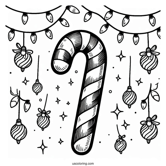 Easy Candy Cane Coloring Page Surrounded By Christmas Lights