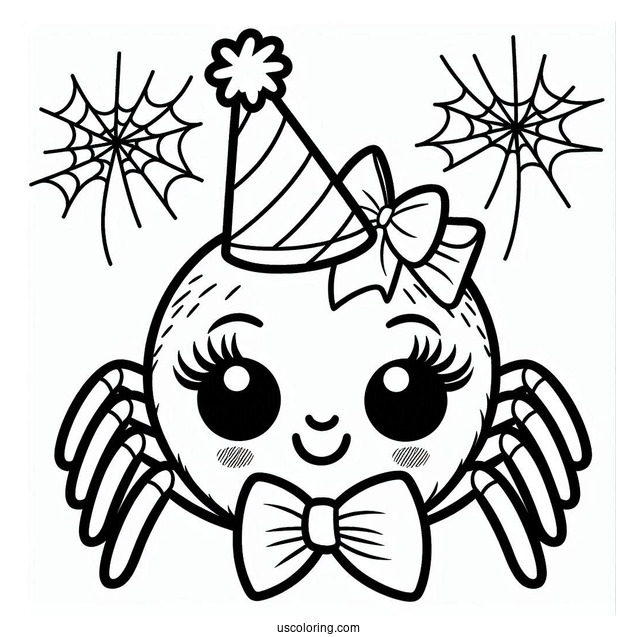 Cartoon Spider Wearing A Birthday Hat Coloring Sheet