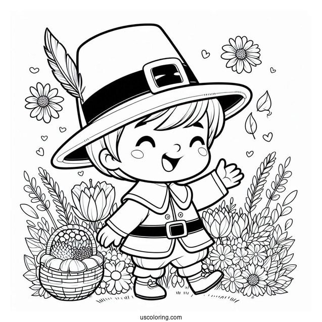 Happy Boy Pilgrim Coloring Page For Preschoolers