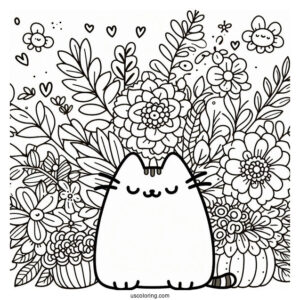 Floral Themed Pusheen Coloring Page For Adults