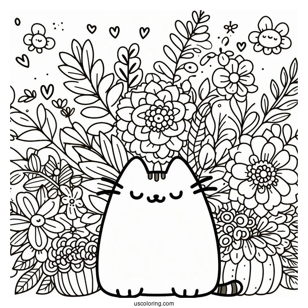 Floral Themed Pusheen Coloring Page For Adults