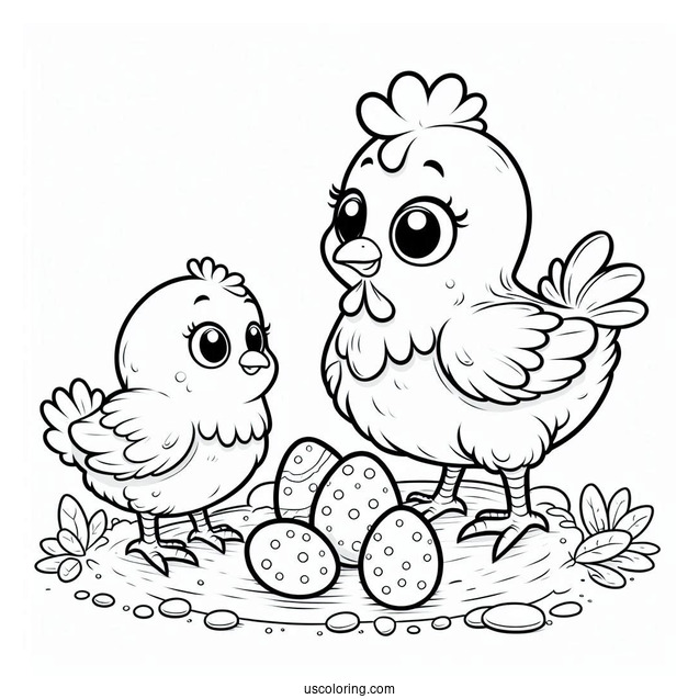 Two Cartoon Chickens Looking For Food